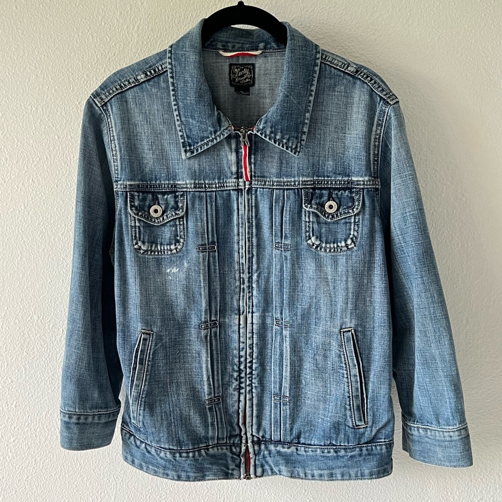 Y2K Lucky Brand Denim Trucker Blue Jean Jacket Blue Faded Zip Size XL - Picture 14 of 14